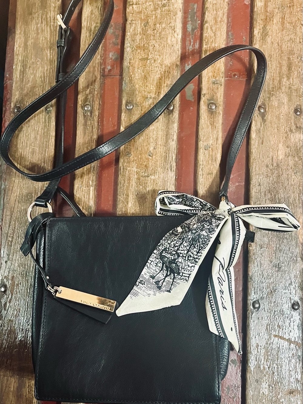 Vince Camuto Black Crossbody Bag with Decorative Scarf Accent
